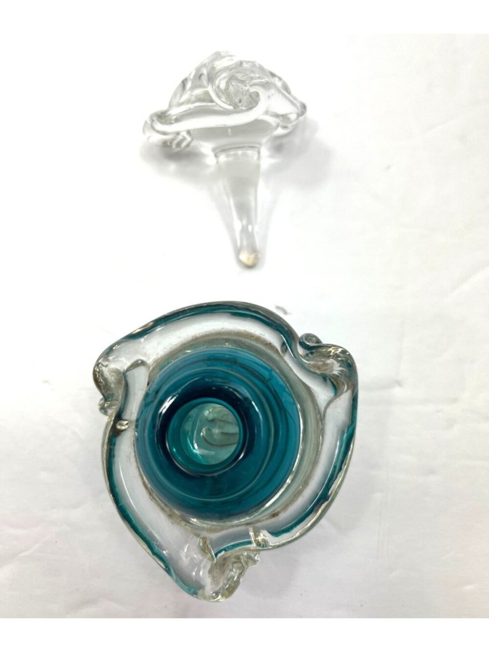 Vintage Hand-Blown Art Glass Perfume Bottle With Teal Base/Clear Swirl Stopper